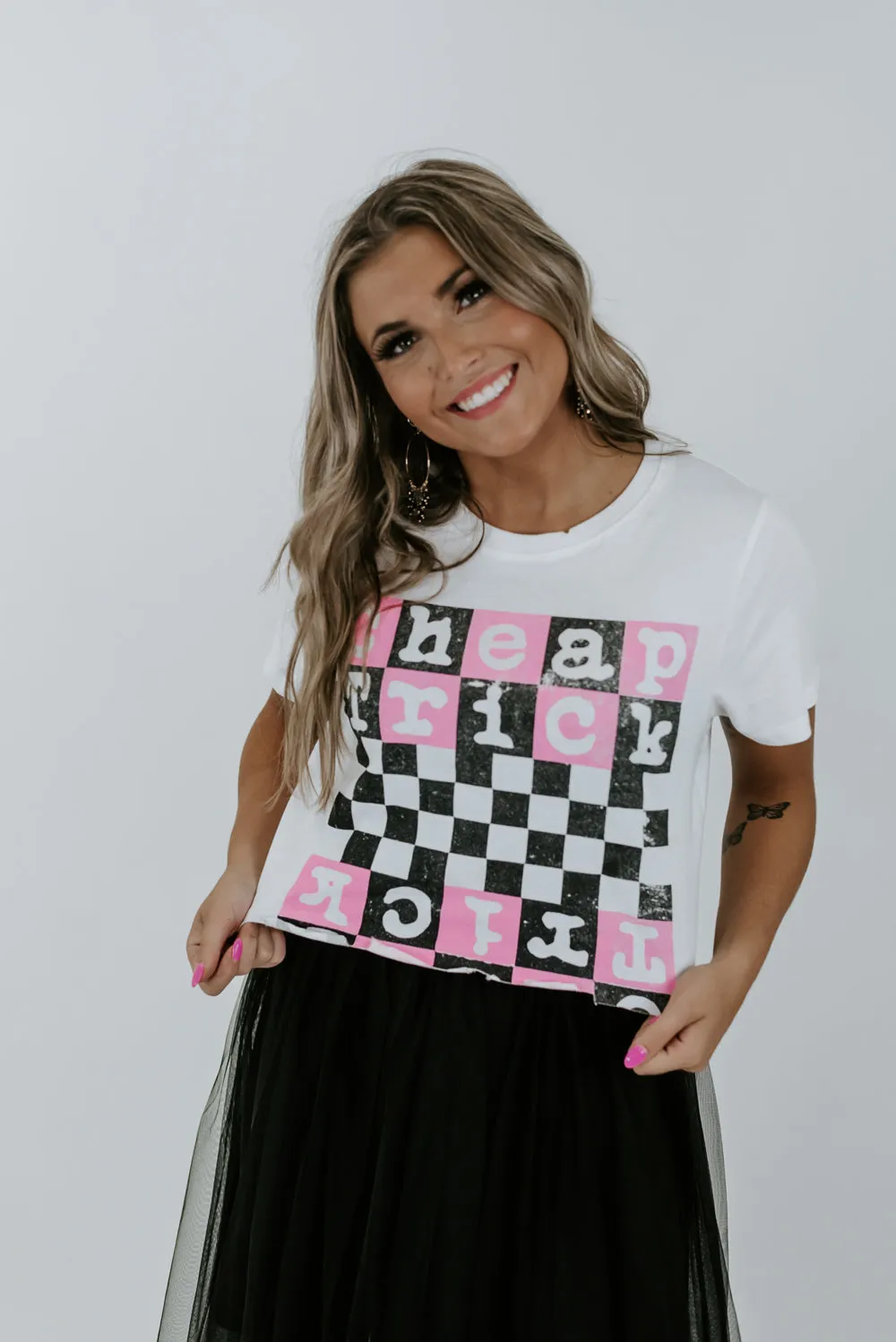Check Trick Checkered Crop , White