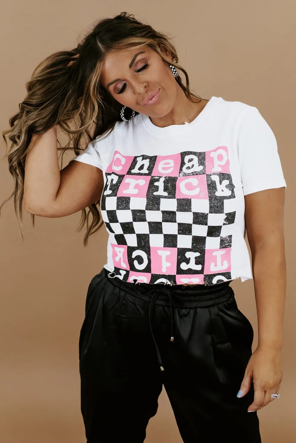 Check Trick Checkered Crop , White