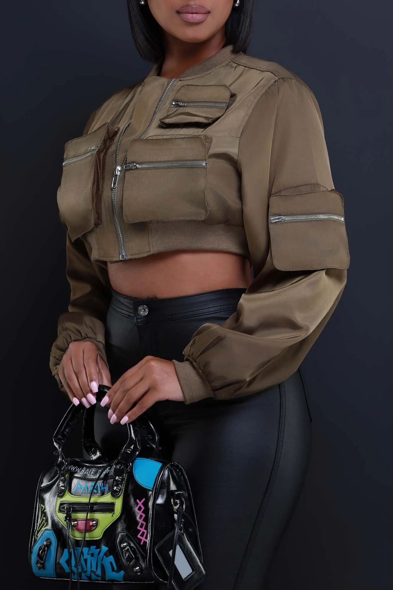 Checklist Cropped Cargo Bomber Jacket - Olive