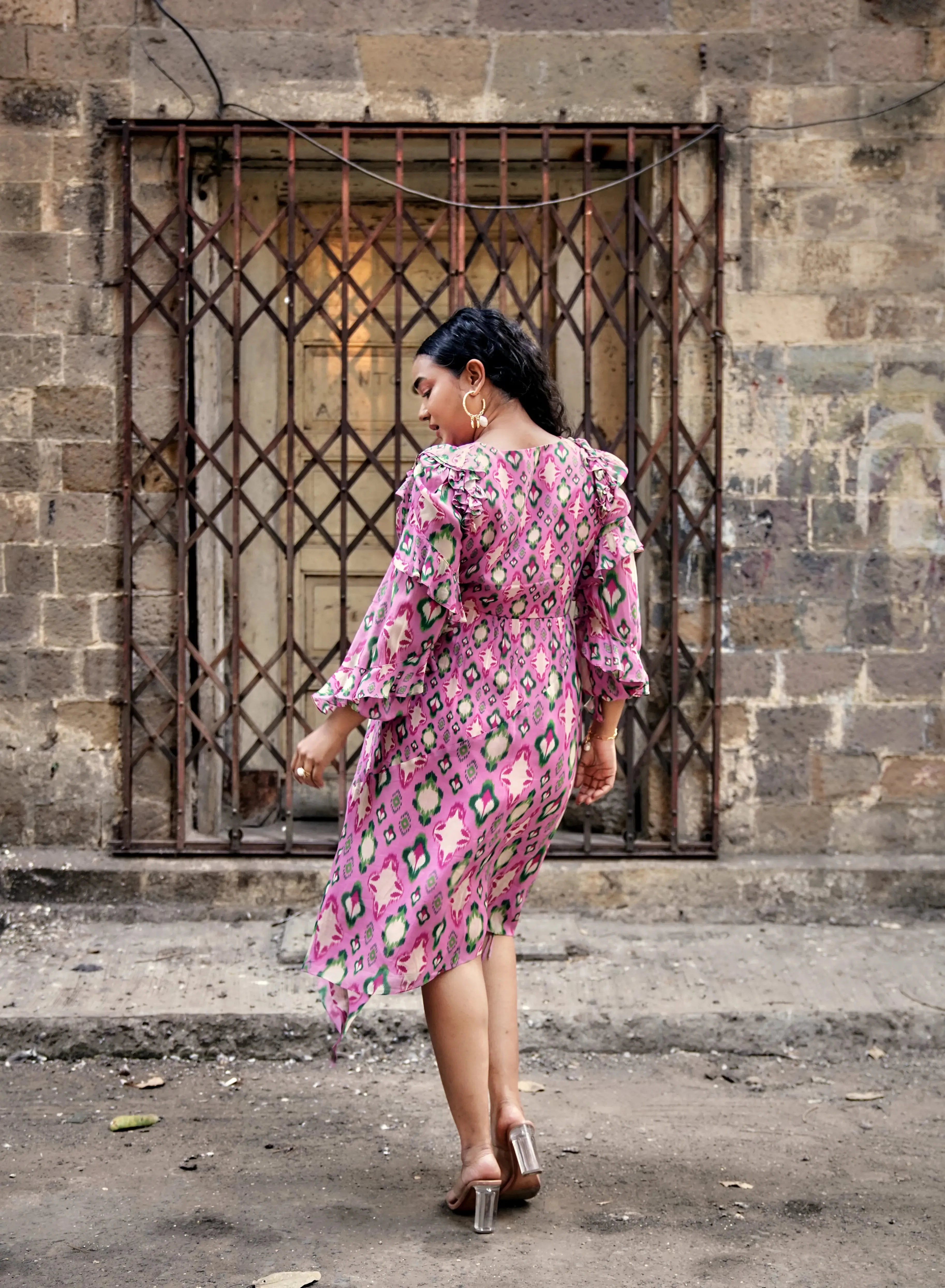 CHEEKY PINK IKAT PRINT MIX WRAP MIDI DRESS