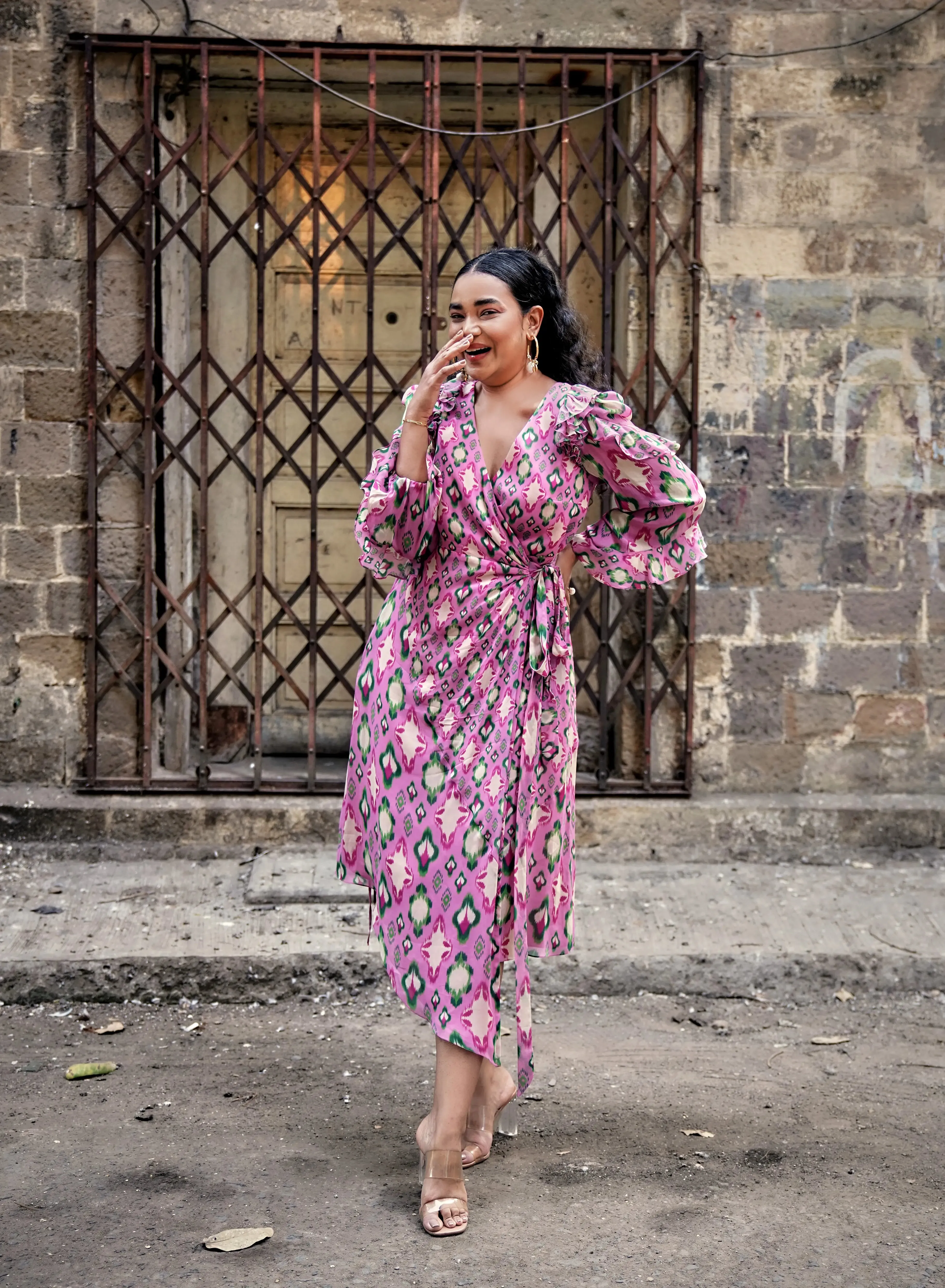CHEEKY PINK IKAT PRINT MIX WRAP MIDI DRESS