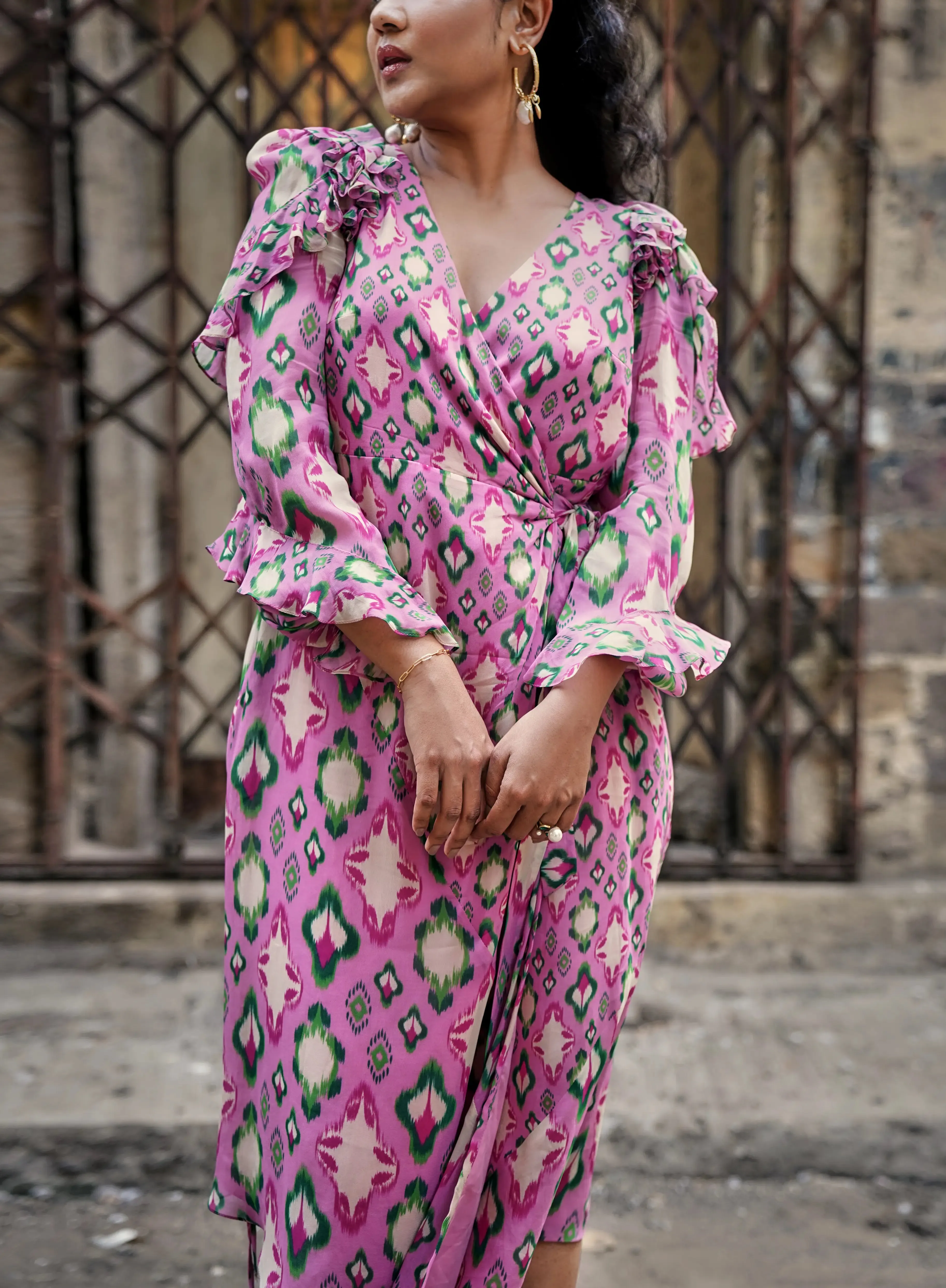 CHEEKY PINK IKAT PRINT MIX WRAP MIDI DRESS