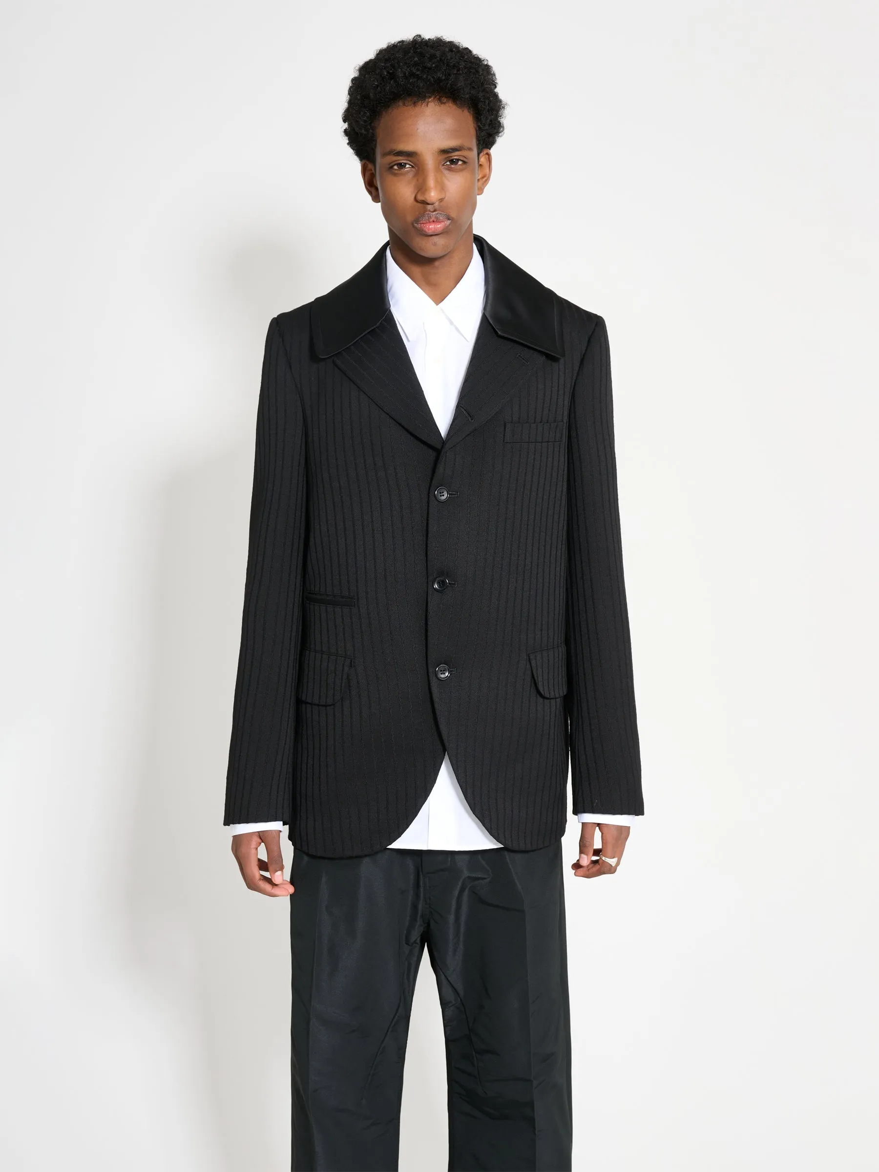 Comme des Garons Homme Plus Contrast Lapel Jacket Wool Dobby Stripe Black
