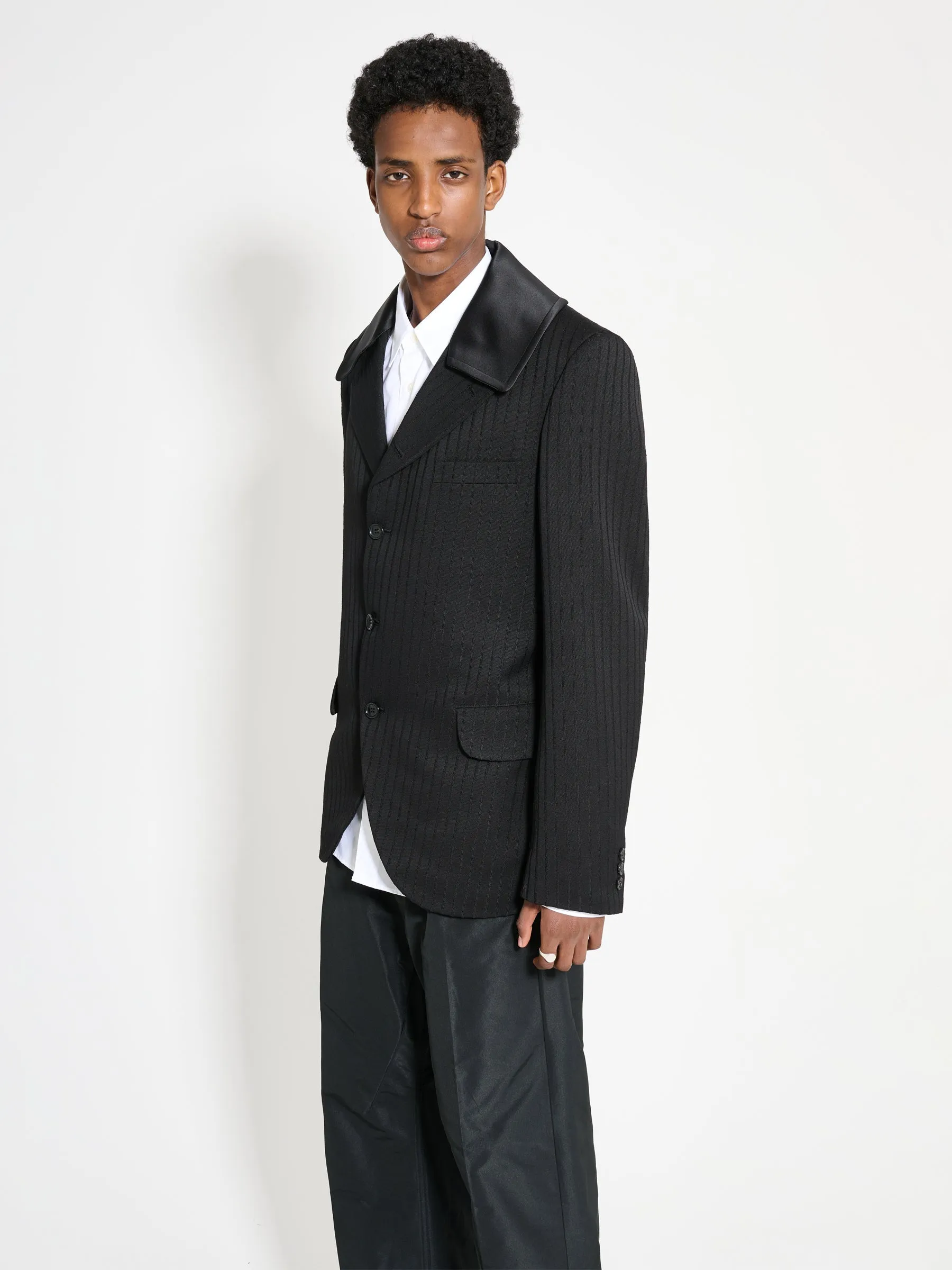 Comme des Garons Homme Plus Contrast Lapel Jacket Wool Dobby Stripe Black