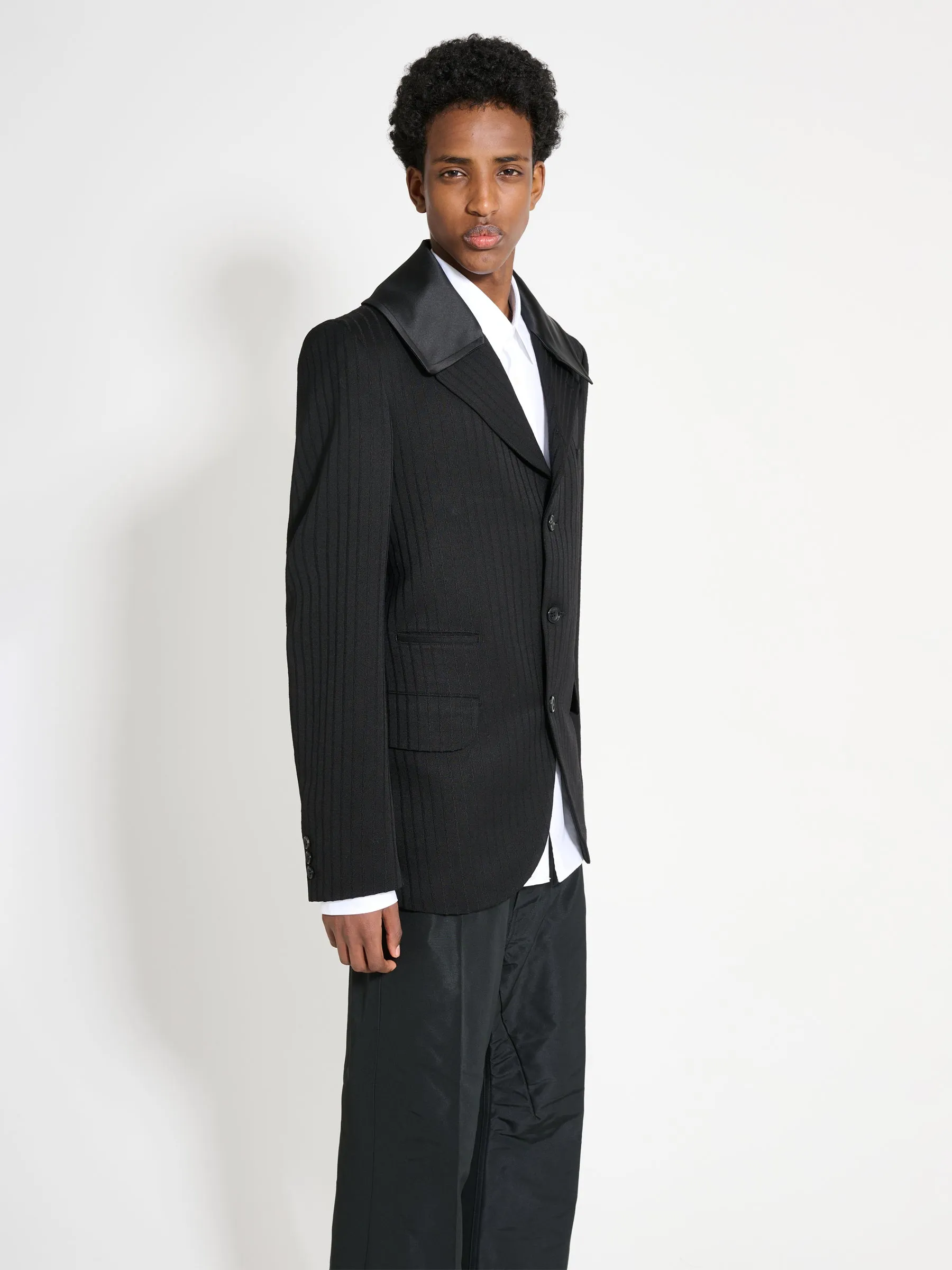 Comme des Garons Homme Plus Contrast Lapel Jacket Wool Dobby Stripe Black