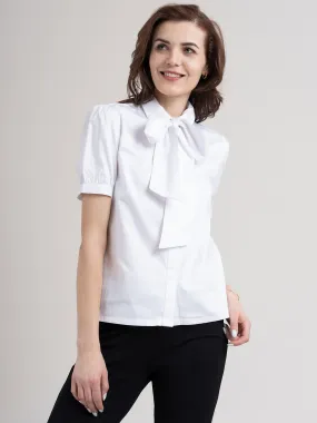 Cotton Tie Up Neck Shirt - White