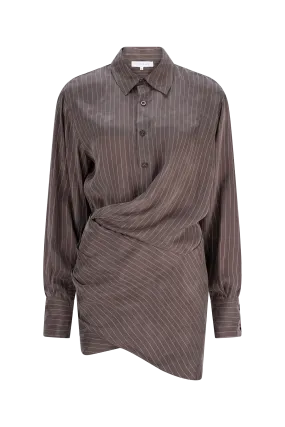 CURAAE Grace Mini Pinstripe Drape Button Down Shirt Dress In Stone