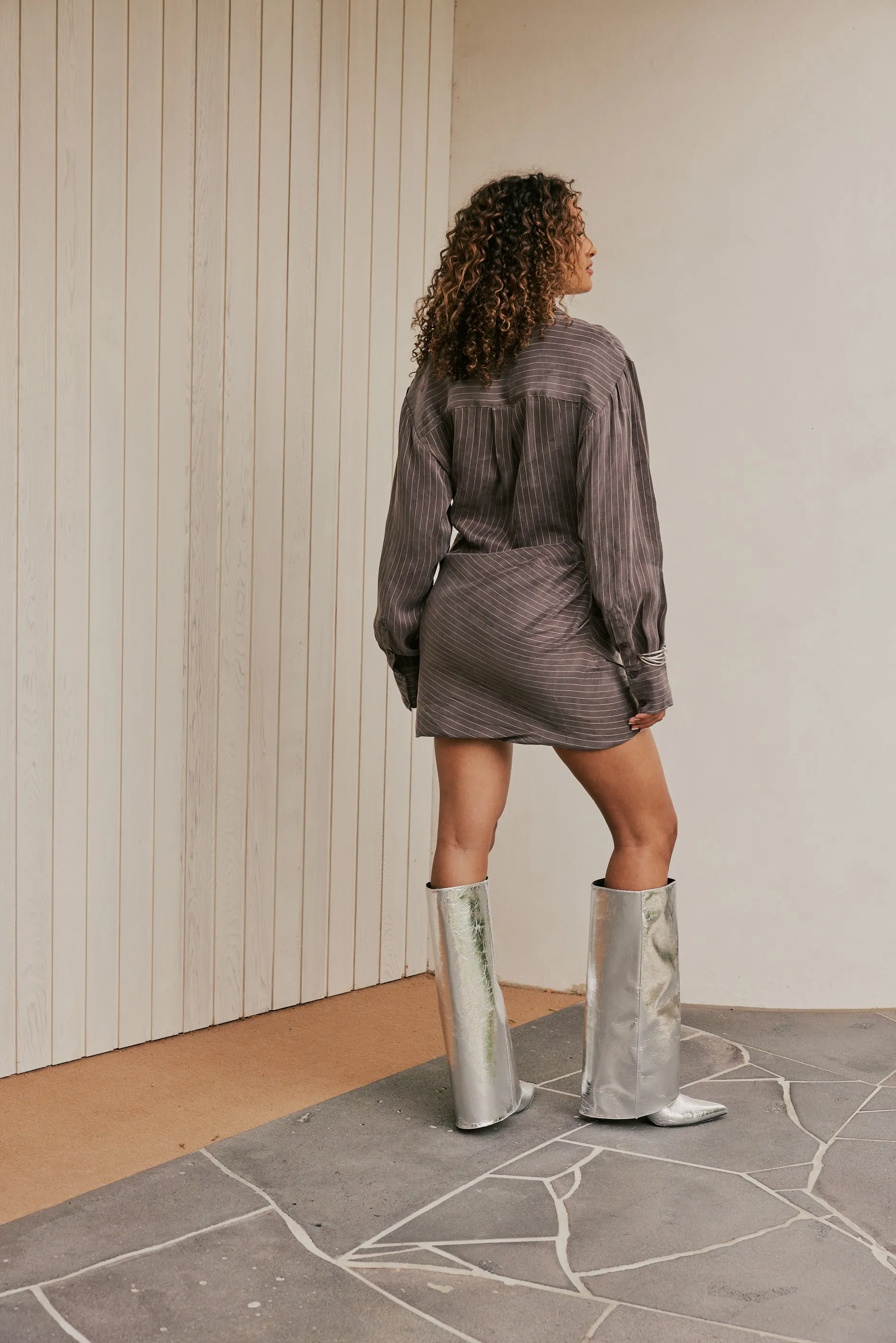 CURAAE Grace Mini Pinstripe Drape Button Down Shirt Dress In Stone