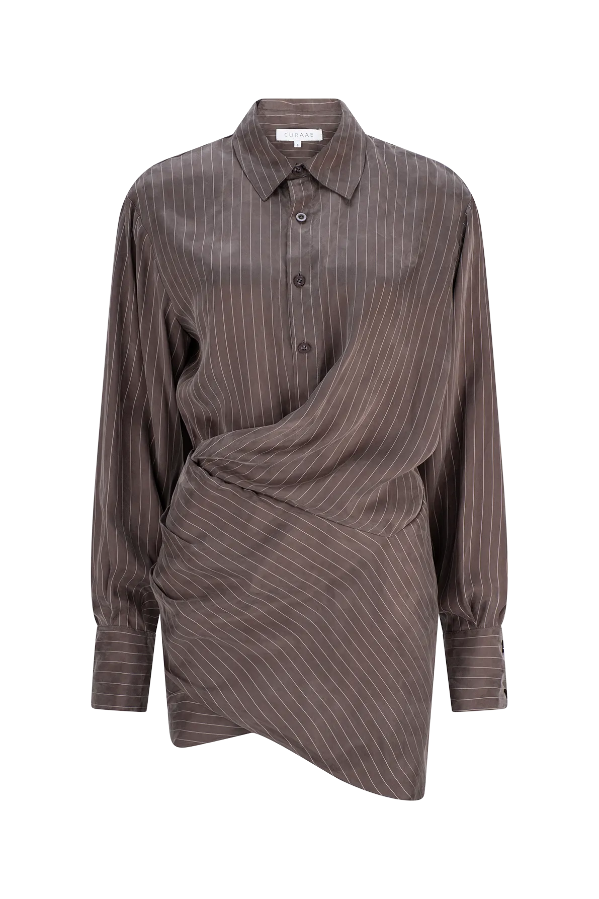 CURAAE Grace Mini Pinstripe Drape Button Down Shirt Dress In Stone