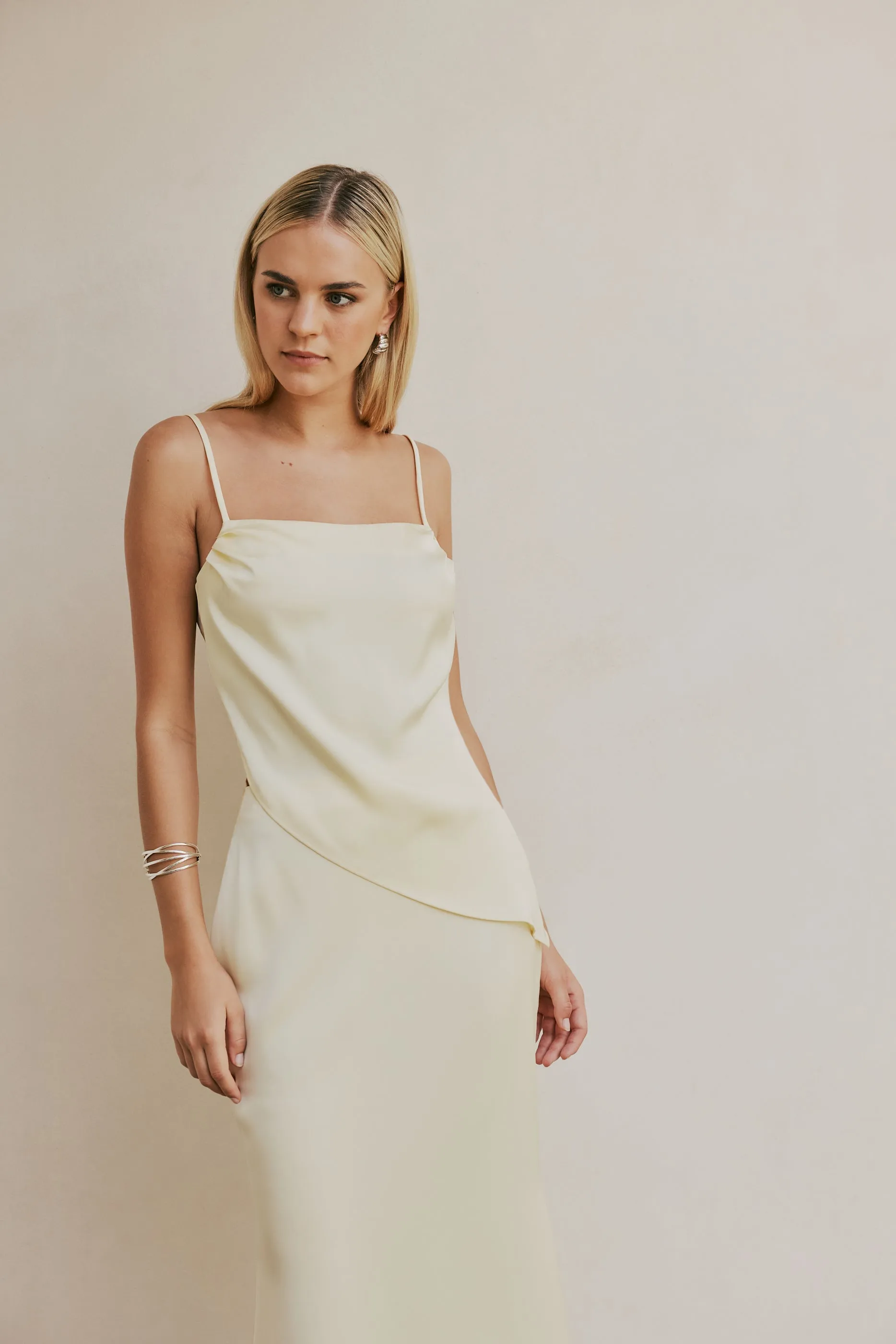 CURAAE Spencer Asymmetrical Spagetti Strap Cami Top In Coco