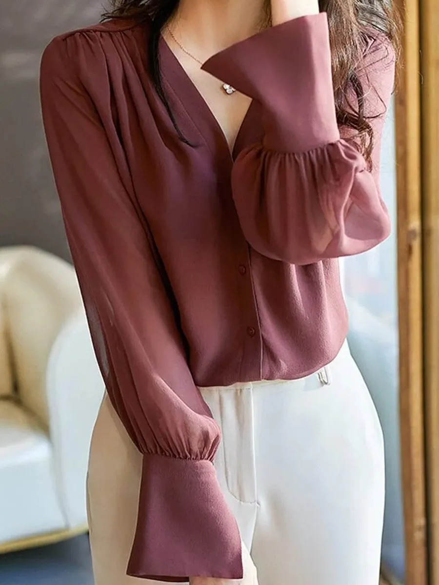 Elegant V-Neck Blouse with Sheer Sleeves