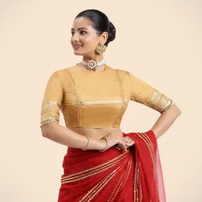 Farheen x Tyohaar | Gold Embellished Elbow Sleeves FlexiFit™ Saree Blouse with Zero Neck with Back Cut-Out and Golden Gota Embellishment
