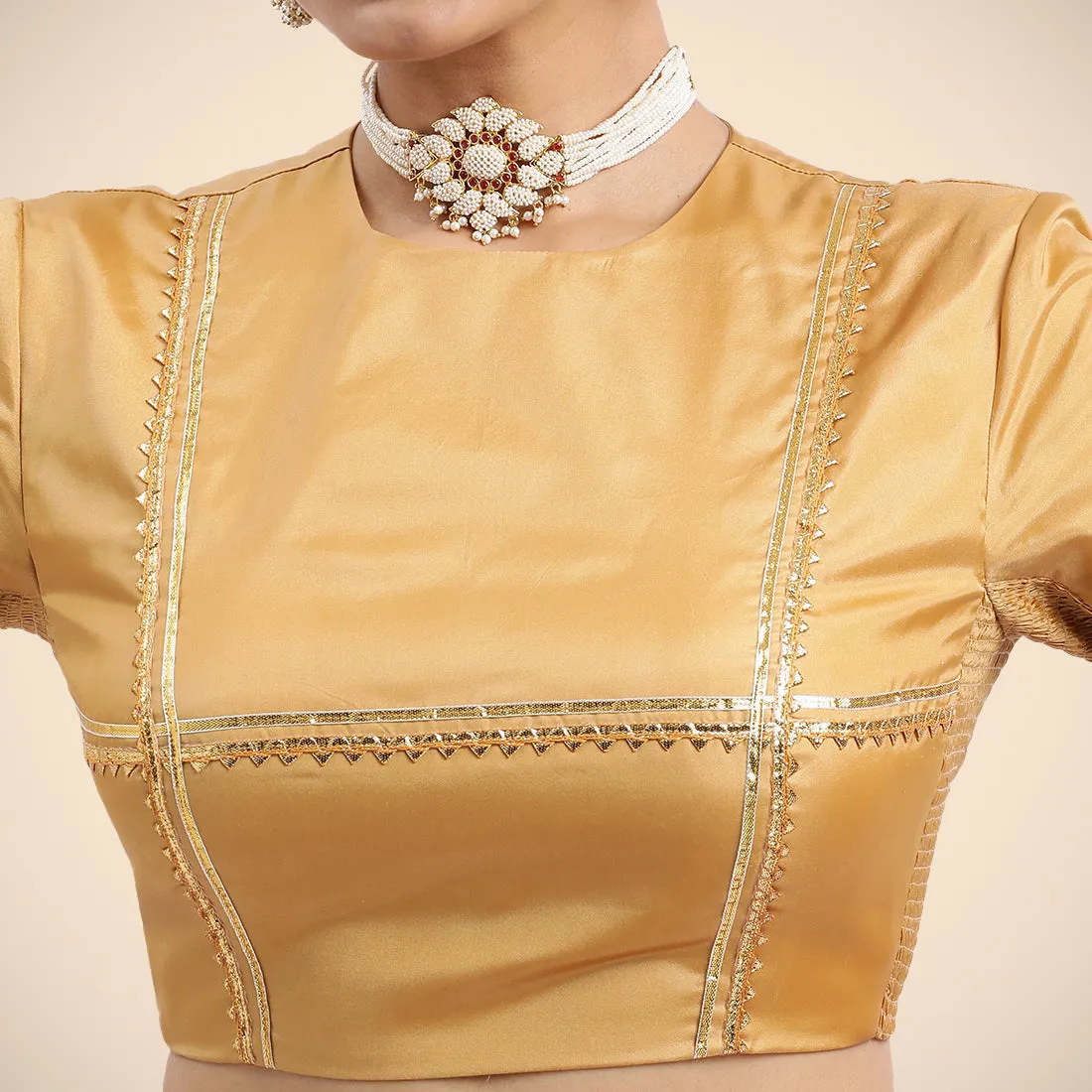 Farheen x Tyohaar | Gold Embellished Elbow Sleeves FlexiFit™ Saree Blouse with Zero Neck with Back Cut-Out and Golden Gota Embellishment
