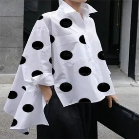 Getadme Fashion Polka-Dot Buttons Shirts Women's Side Split Lapel Long Sleeves Blouse Women Casual Simple Commuter Office Ladies Shirts