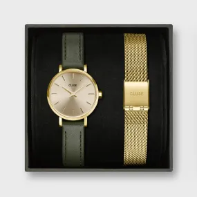 Gift Box Boho Chic Petite Leather Dark Green and Mesh Strap, Gold Colour