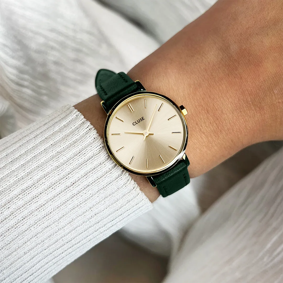 Gift Box Boho Chic Petite Leather Dark Green and Mesh Strap, Gold Colour