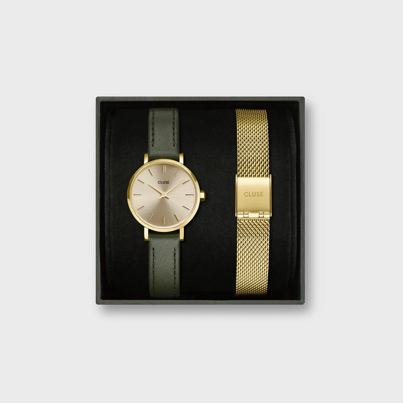 Gift Box Boho Chic Petite Leather Dark Green and Mesh Strap, Gold Colour