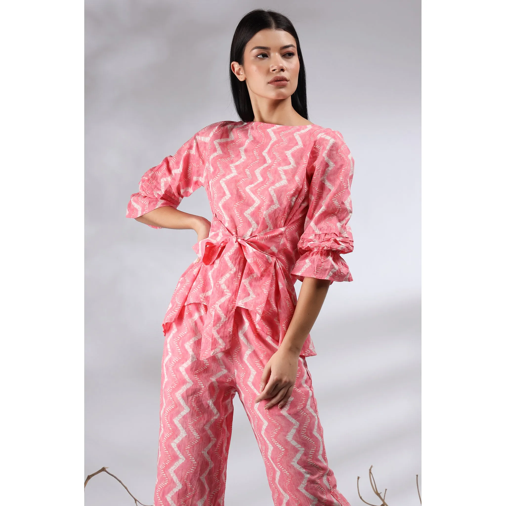 Glitched Stripes with Front Knot Top on Pink Co-Ords Set