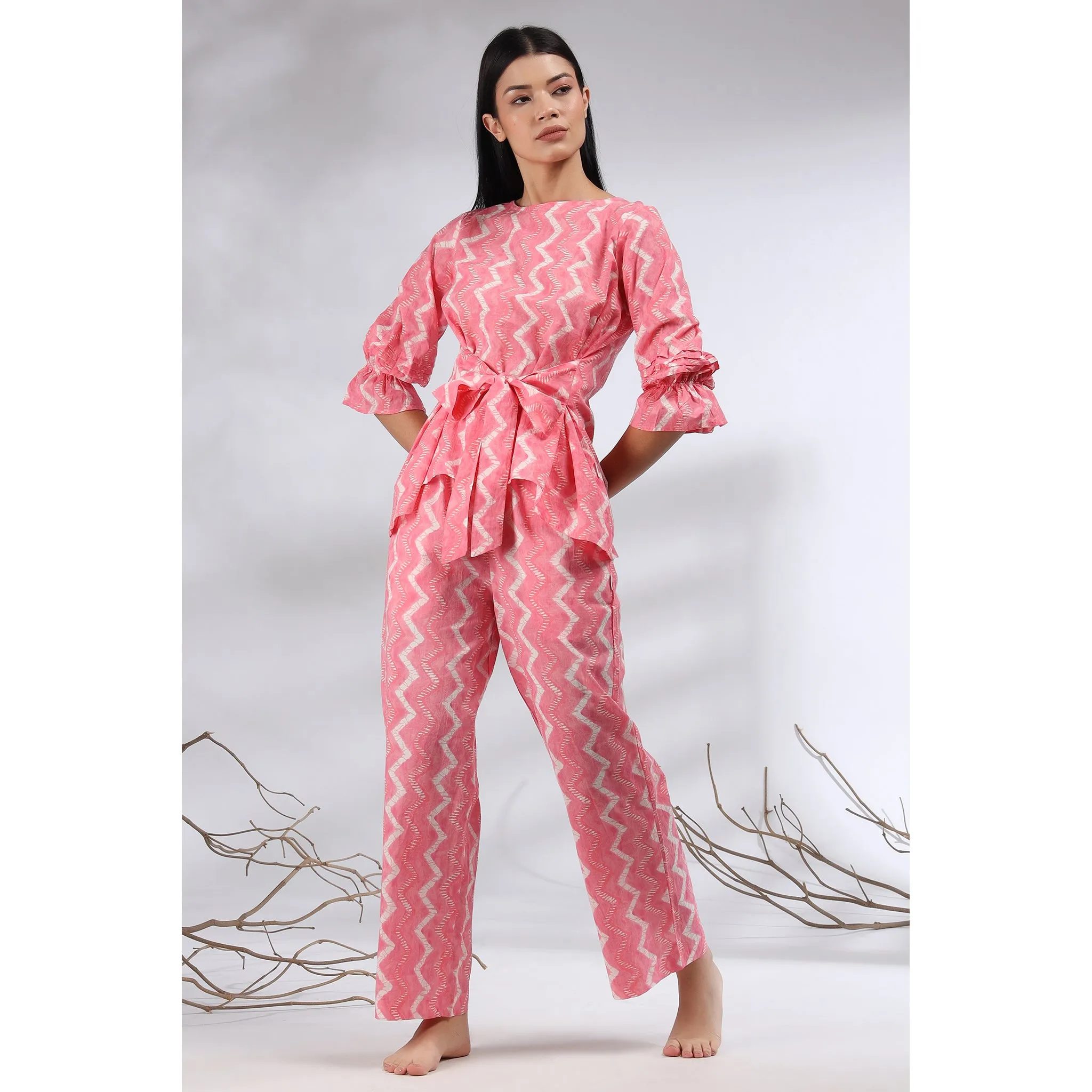 Glitched Stripes with Front Knot Top on Pink Co-Ords Set