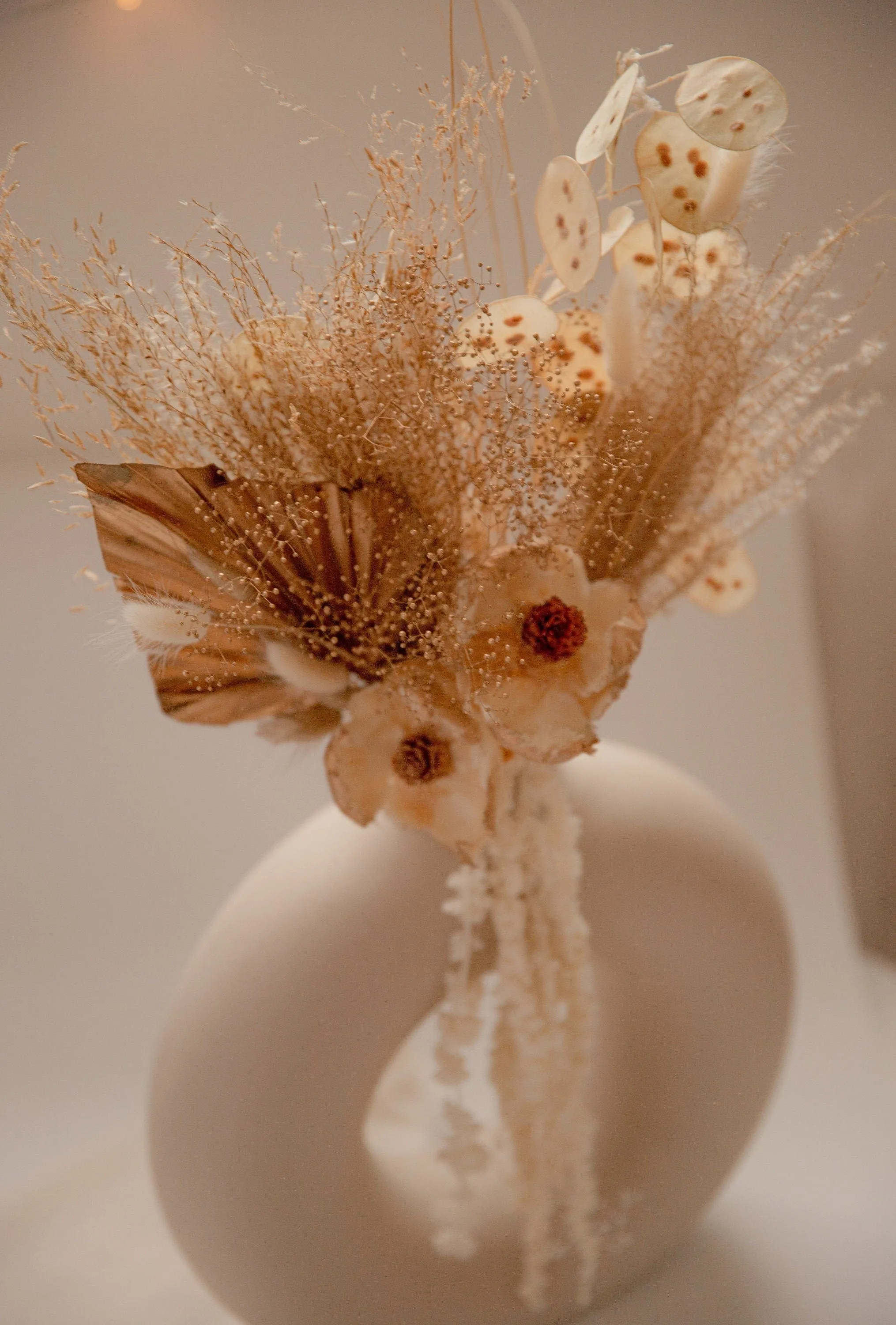 Gold Baby's Breath & Gold Palm Spear Wedding Decoration Centerpiece / Sola Anemone Flower Preserved Amaranthus
