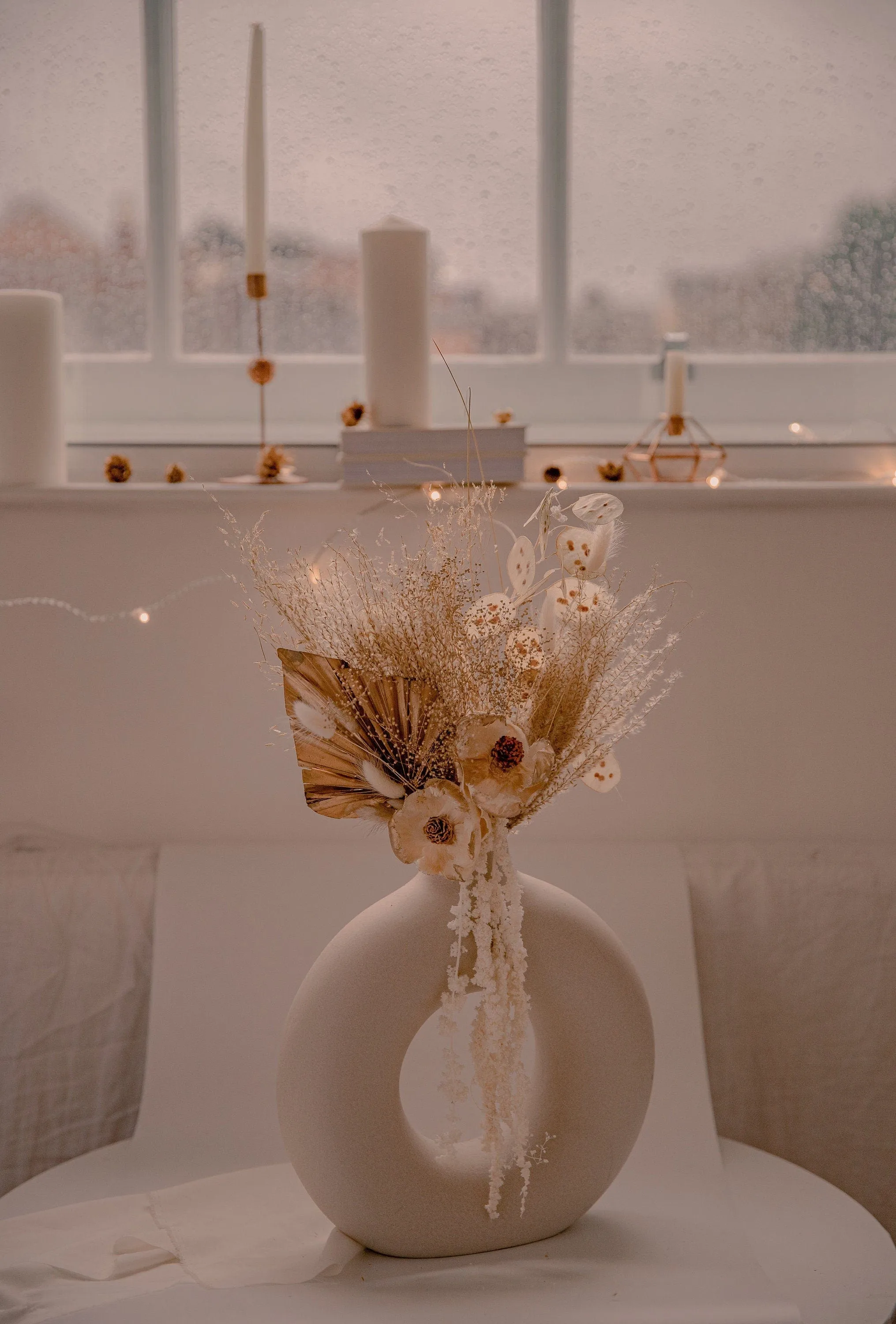 Gold Baby's Breath & Gold Palm Spear Wedding Decoration Centerpiece / Sola Anemone Flower Preserved Amaranthus