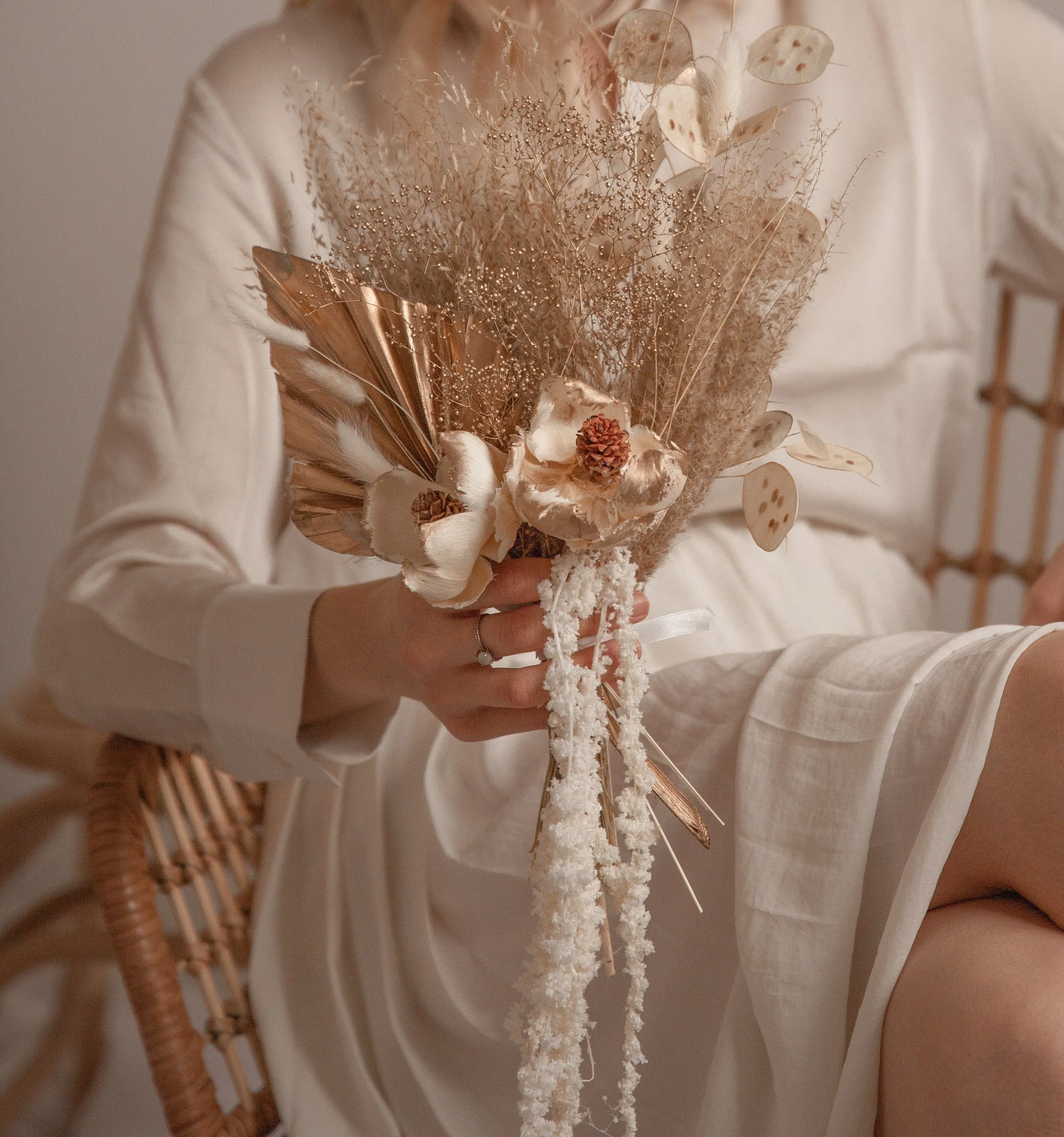 Gold Baby's Breath & Gold Palm Spear Wedding Decoration Centerpiece / Sola Anemone Flower Preserved Amaranthus