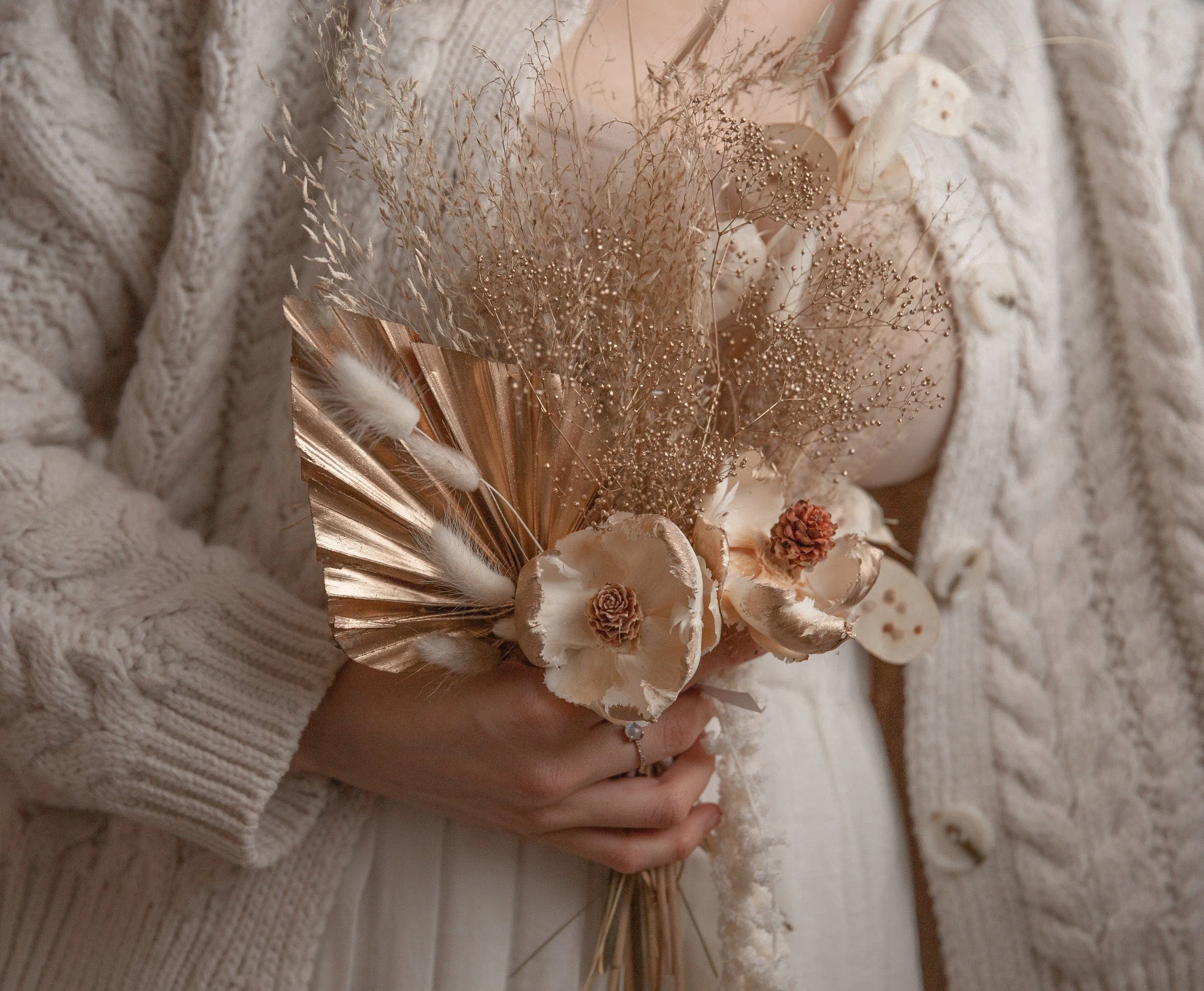 Gold Baby's Breath & Gold Palm Spear Wedding Decoration Centerpiece / Sola Anemone Flower Preserved Amaranthus