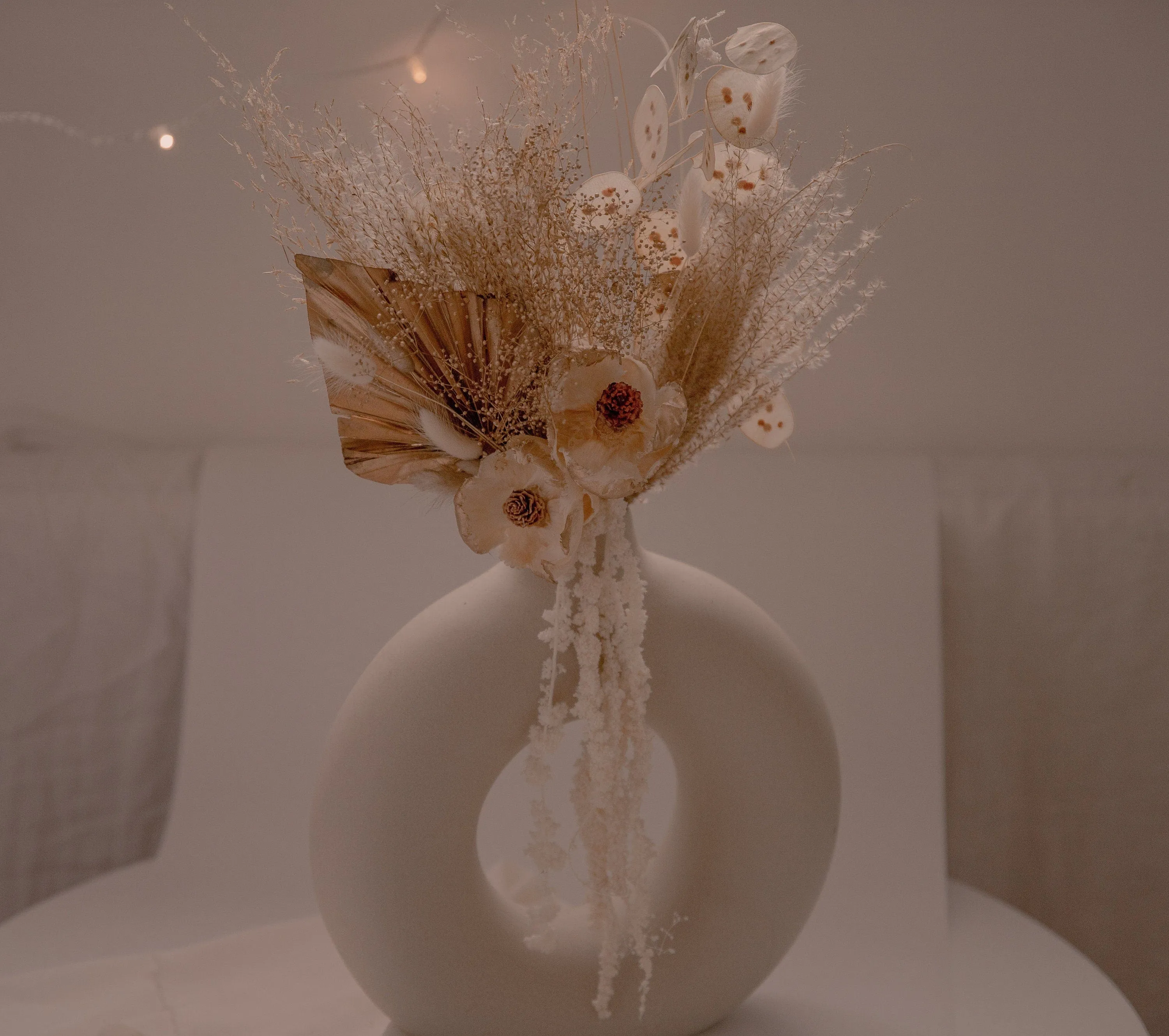 Gold Baby's Breath & Gold Palm Spear Wedding Decoration Centerpiece / Sola Anemone Flower Preserved Amaranthus