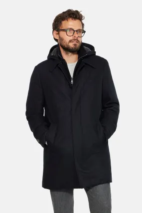 Hooded Stretch Wool Euro Coat, Black