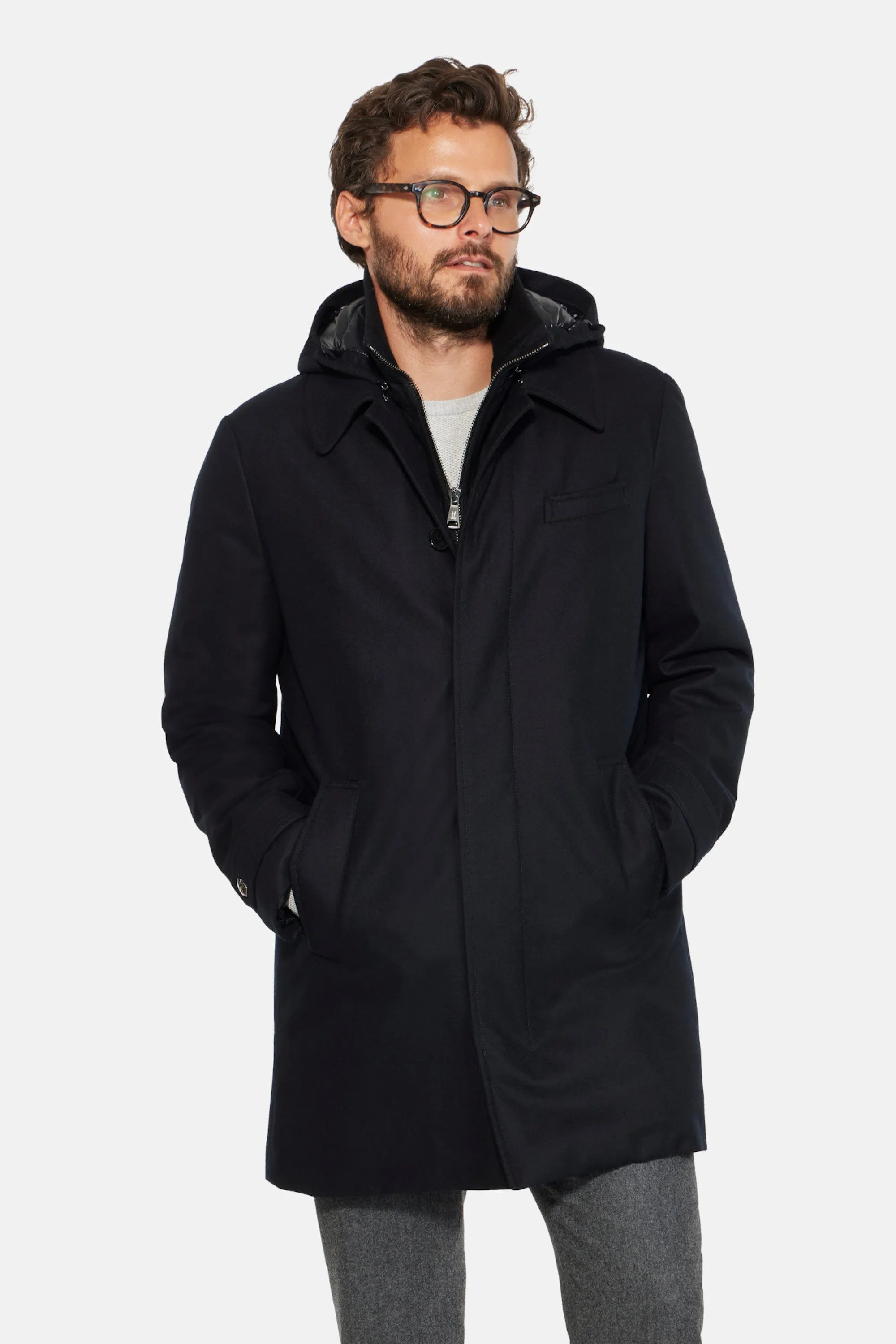 Hooded Stretch Wool Euro Coat, Black