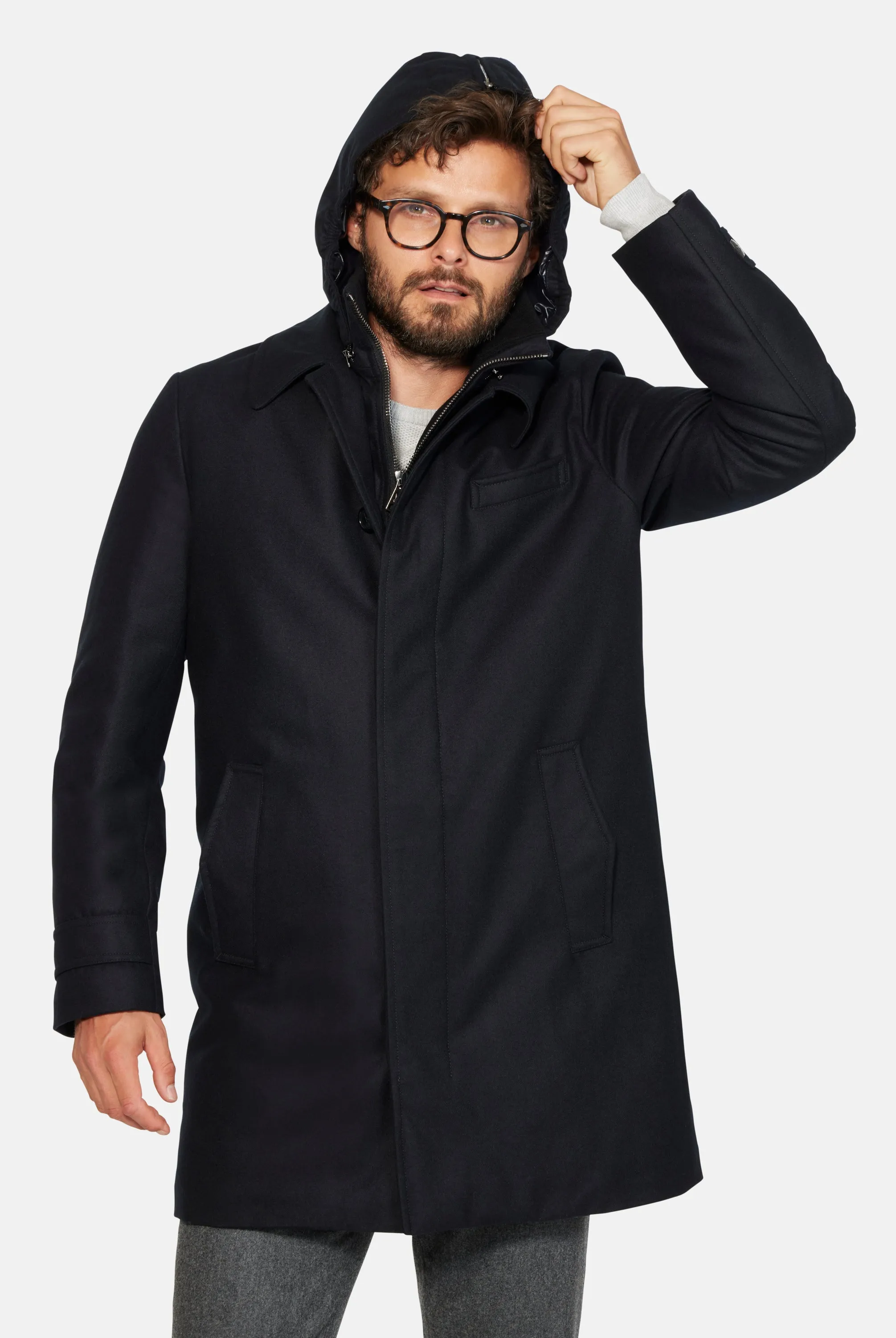 Hooded Stretch Wool Euro Coat, Black