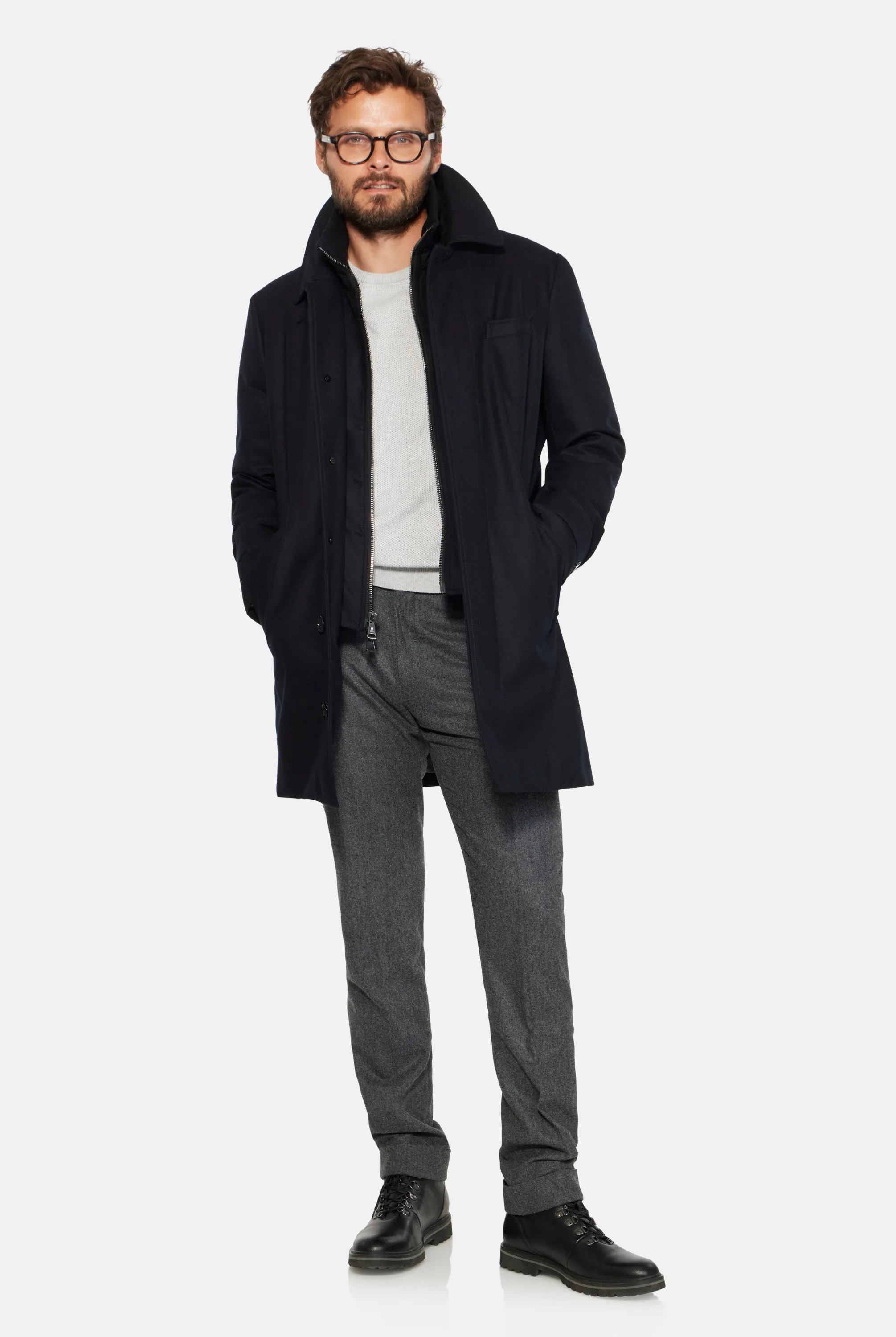 Hooded Stretch Wool Euro Coat, Black