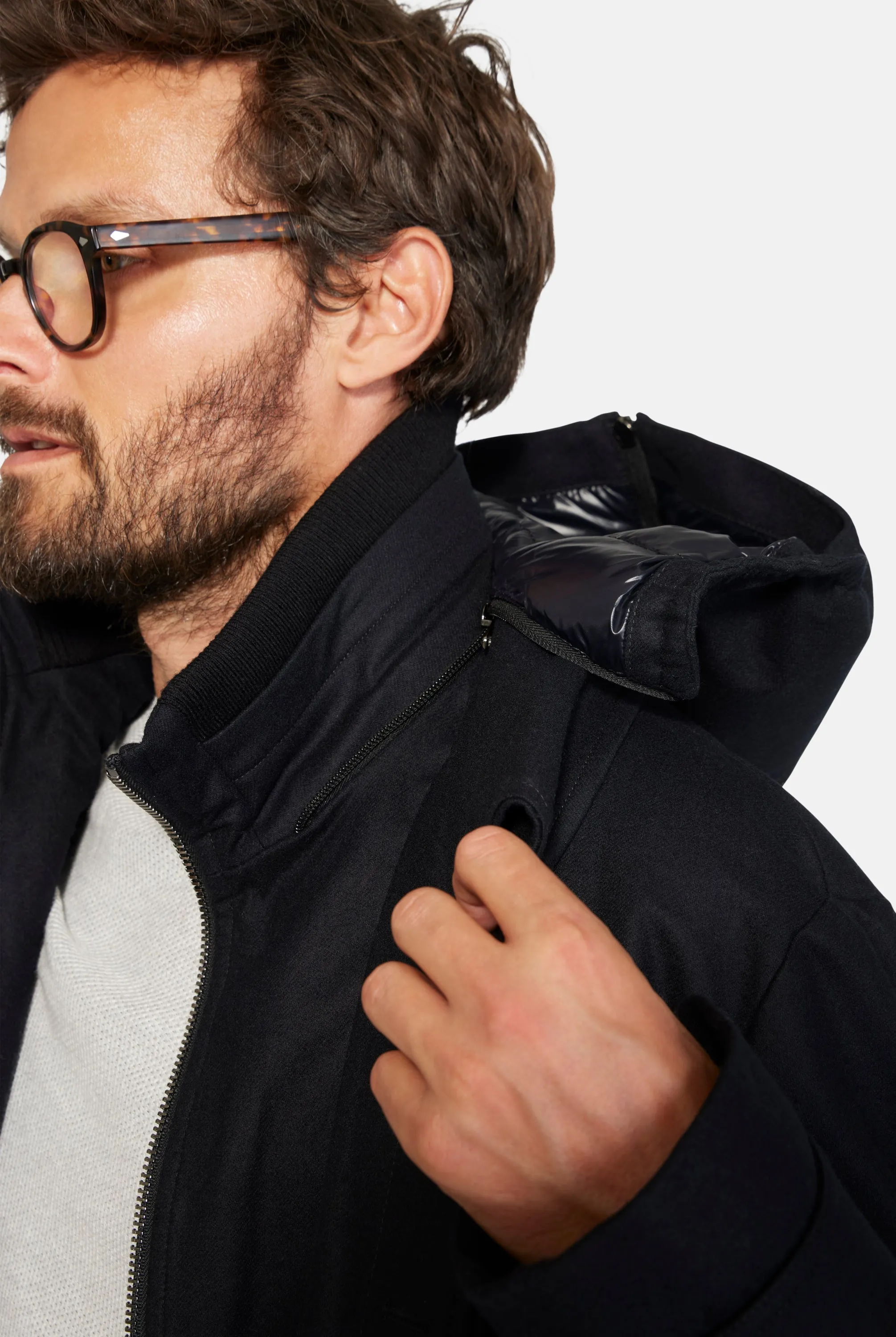 Hooded Stretch Wool Euro Coat, Black