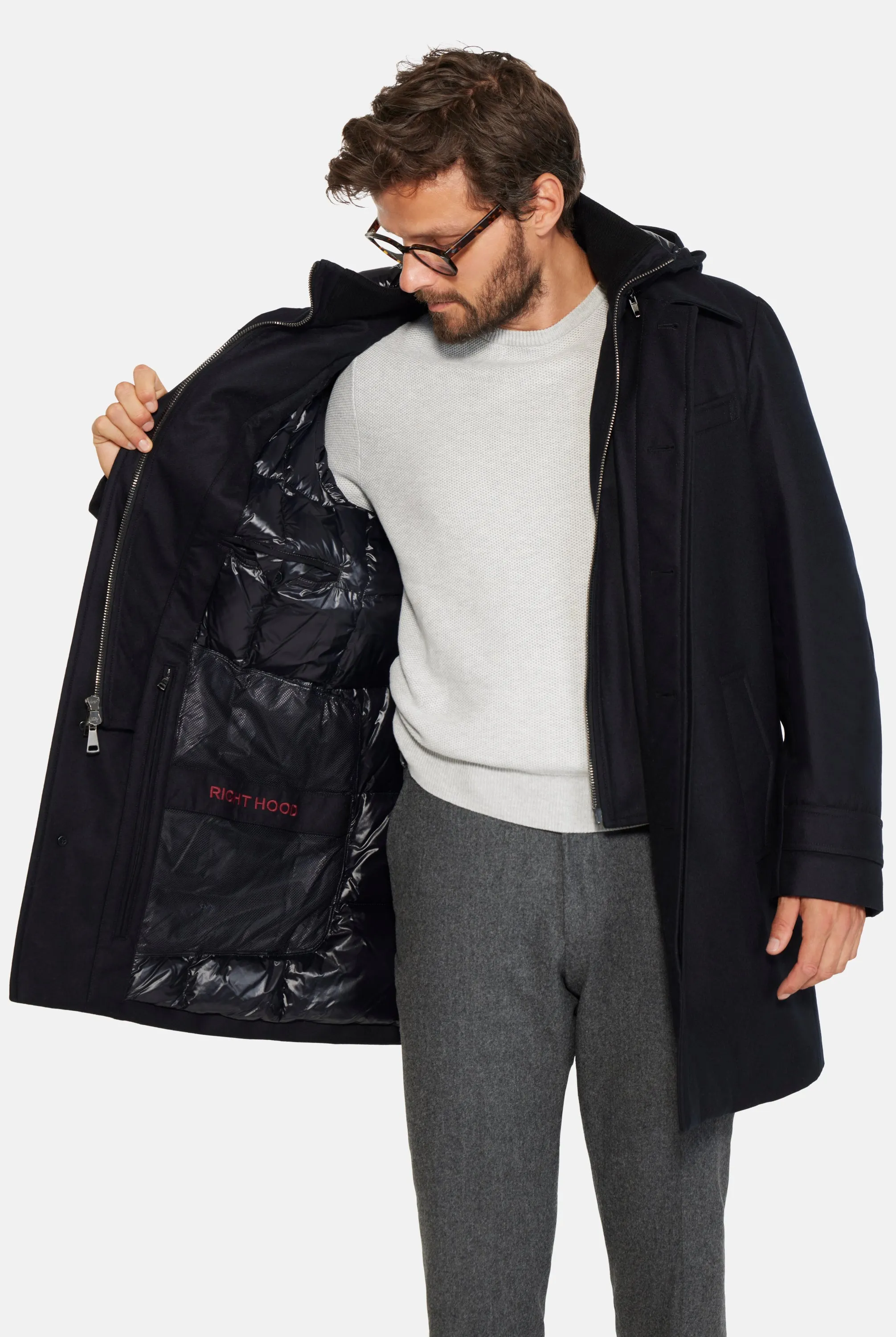 Hooded Stretch Wool Euro Coat, Black