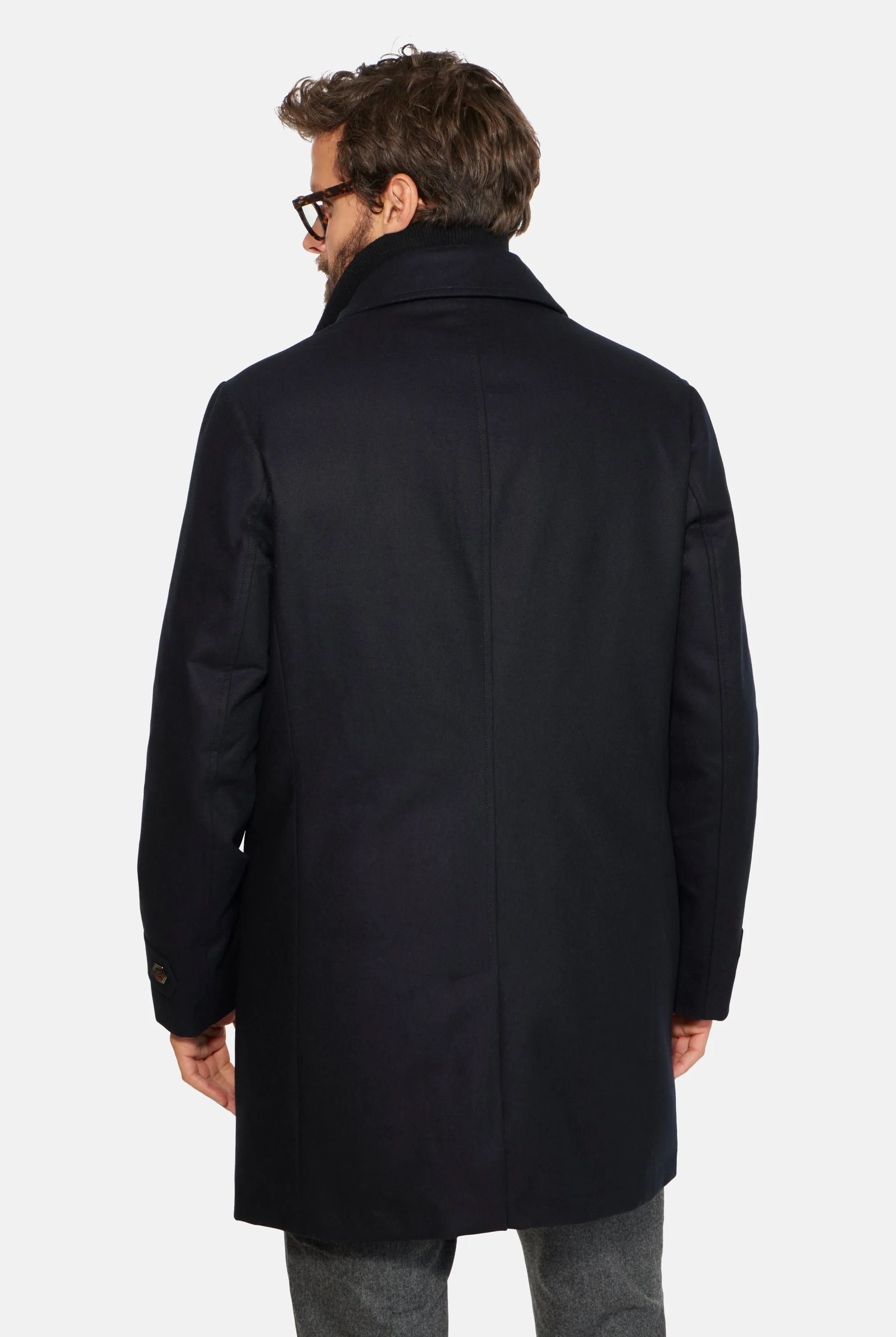 Hooded Stretch Wool Euro Coat, Black