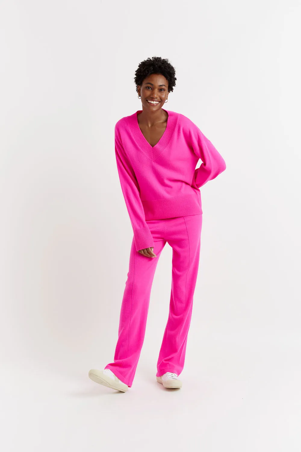 Hot-Pink Wool-Cashmere V-Neck Sweater