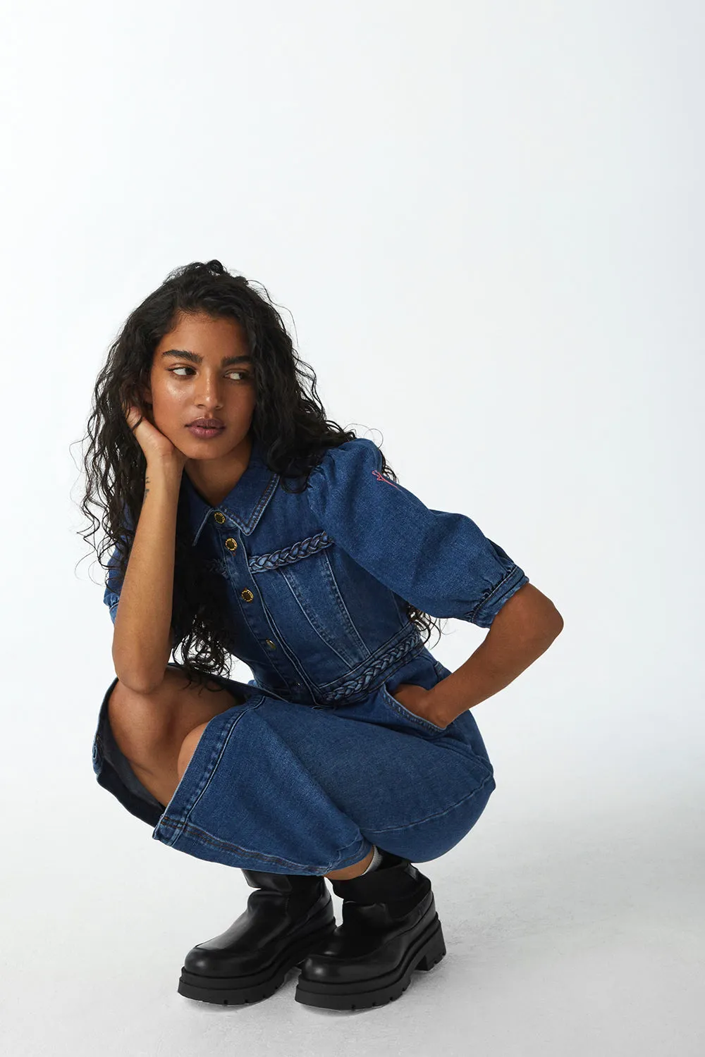 Indigo Plait Detail Denim Dress