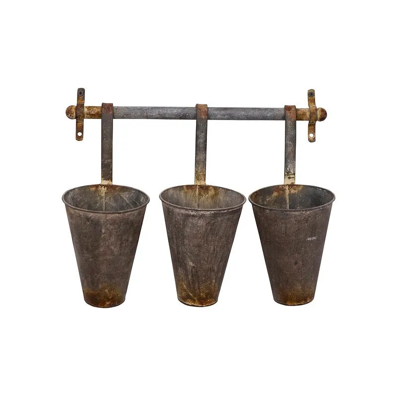 Iona Rusted Brown Wall Rack and 3 Tin Pot with Hanger Wall Decor