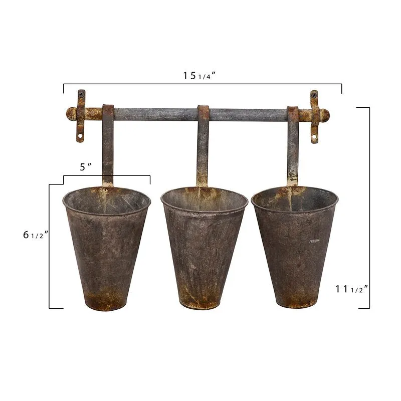 Iona Rusted Brown Wall Rack and 3 Tin Pot with Hanger Wall Decor