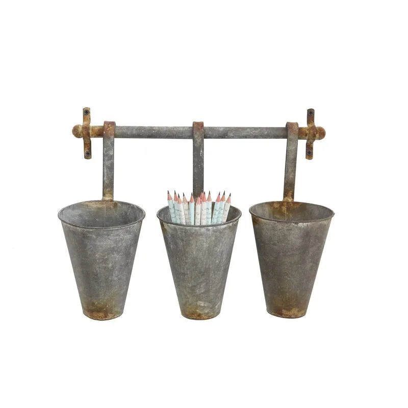 Iona Rusted Brown Wall Rack and 3 Tin Pot with Hanger Wall Decor
