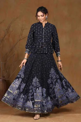 Juniper Black Ethnic Motif Printed Georgette Lehenga Choli Set.