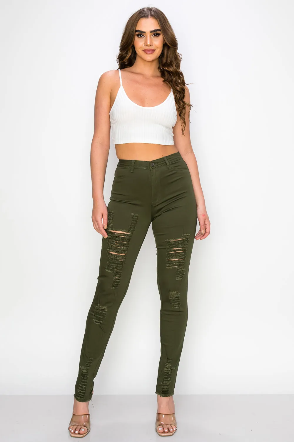 LV-420 OLIVE RIPPED SKINNY DENIM