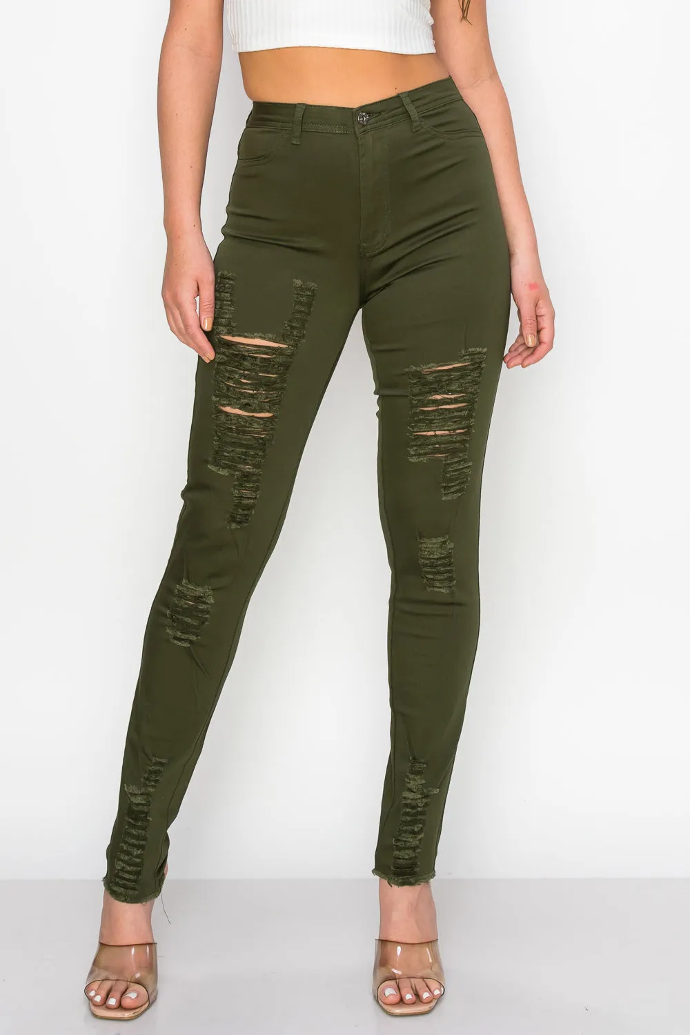 LV-420 OLIVE RIPPED SKINNY DENIM