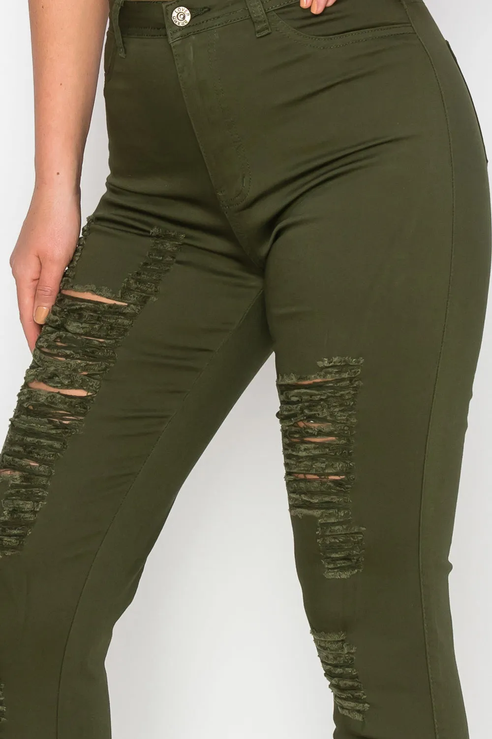 LV-420 OLIVE RIPPED SKINNY DENIM