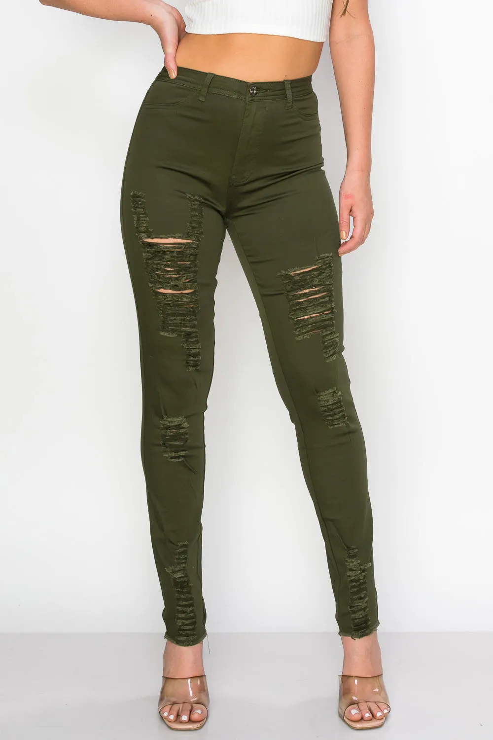 LV-420 OLIVE RIPPED SKINNY DENIM