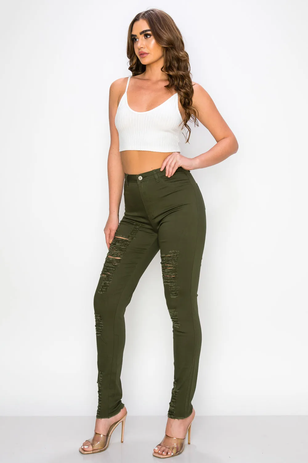 LV-420 OLIVE RIPPED SKINNY DENIM