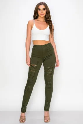 LV-420 OLIVE RIPPED SKINNY DENIM