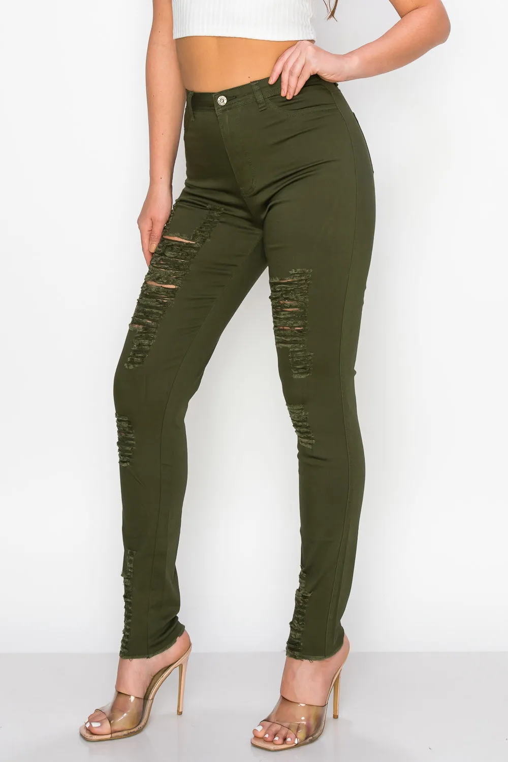 LV-420 OLIVE RIPPED SKINNY DENIM
