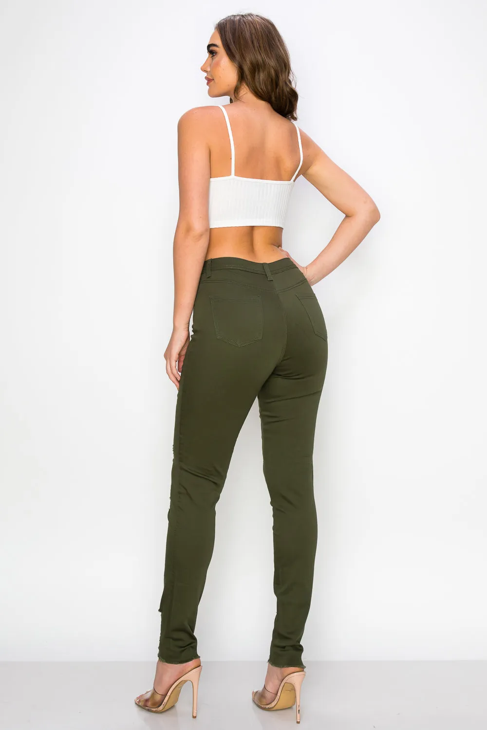 LV-420 OLIVE RIPPED SKINNY DENIM