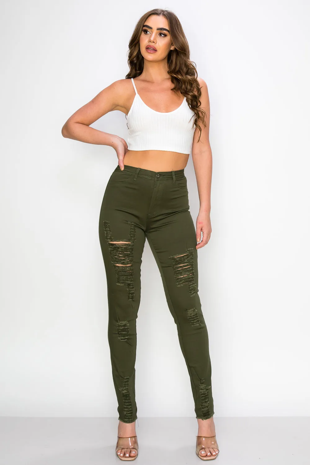 LV-420 OLIVE RIPPED SKINNY DENIM